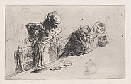 Cardplayers: three men, two seated one standing before a spread of cards on a table, Mariano Fortuny, 1838–1874  Spanish, Etching