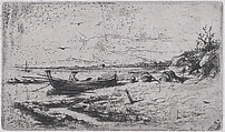 A boat near the shoreline of a beach or a river, Mariano Fortuny, 1838–1874  Spanish, Etching on Japan paper