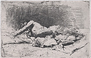 A partly naked man on the ground right arm outstretched, Mariano Fortuny, 1838–1874  Spanish, Etching on Japan paper
