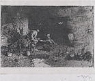 A Morrocan farrier at left accompanied by another figure attending to the hoof of a mule, Mariano Fortuny, 1838–1874  Spanish, Etching and aquatint on Japan paper