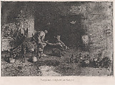 A Morrocan farrier at left accompanied by another figure attending to the hoof of a mule, Mariano Fortuny, 1838–1874  Spanish, Etching and aquatint