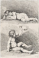 Two nude children, one sleeping and the other holding a wreath, from "New Book of Children", Pierre Alexandre Aveline  French, Etching