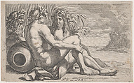 River gods reclining before a seascape, François Bourlier French, Engraving and etching