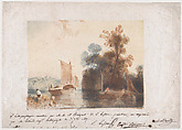 Landscape with River and Boats, Auguste Bouquet  French, Colored lithograph