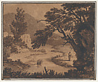 Figure in a classical landscape, Alexander Cozens (British, Russia 1717–1786 London), Brush and brown inks; laid down on original paper mount with double border line in black ink