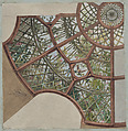 Design for a ceiling with lattice work and flowering vines, Jules-Edmond-Charles Lachaise French, Graphite, pen and ink, and watercolor on laid paper; mounted on blue wove paper