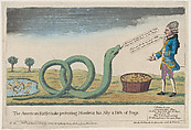 The American Rattlesnake Presenting Monsieur his Ally a Dish of Frogs, J. Barrow  British, Etching with watercolor
