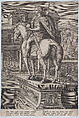 Plate 2: equestrian statue of Augustus, holding a globe and seen from behind, with a feast occurring at left in the background, from 'Roman Emperors on Horseback', Adriaen Collaert Netherlandish, Engraving