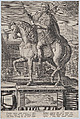 Plate 3: equestrian statue of Tiberius, in profile to the left, with a naval landscape on pedestal below, from 'Roman Emperors on Horseback', Adriaen Collaert Netherlandish, Engraving, squared in graphite