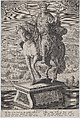 Plate 4: equestrian statue of Caligula, seen three-quarters to the left, wearing a winged helmet and holding double-headed arrows, a military scene in the background, from 'Roman Emperors on Horseback', Adriaen Collaert Netherlandish, Engraving, squared in graphite