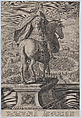 Plate 5: equestrian statue of Claudius, seen from behind, a naval competition at right in the background, from 'Roman Emperors on Horseback', Adriaen Collaert Netherlandish, Engraving, squared in graphite