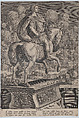 Plate 6: equestrian statue of Nero, seen from behind, the Great Fire of Rome in the background, from 'Roman Emperors on Horseback', Adriaen Collaert Netherlandish, Engraving, squared in graphite