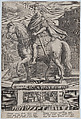Plate 7: equestrian statue of Galba, in profile to the left, with a beheading scene in the background, from 'Roman Emperors on Horseback', Adriaen Collaert Netherlandish, Engraving, squared in graphite