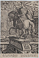 Plate 8: equestrian statue of Otho, seen from behind, his death scene in the background with him stabbing himself at right and the burning of his body at left, from 'Roman Emperors on Horseback', Adriaen Collaert Netherlandish, Engraving, squared in graphite
