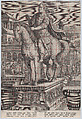 Plate 9: equestrian statue of Vitellius, seen three-quarters to the left, with his death scene in the background at right, his body being thrown into the Tiber at upper right, from 'Roman Emperors on Horseback', Adriaen Collaert Netherlandish, Engraving, squared in red