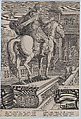 Plate 10: equestrian statue of Vespasian, seen from behind, three birds at upper right with one attacking another, from 'Roman Emperors on Horseback', Adriaen Collaert Netherlandish, Engraving