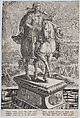 Plate 11: equestrian statue of Titus, seen three-quarters to the right, Mount Vesuvius erupting at left in the background, from 'Roman Emperors on Horseback', Adriaen Collaert Netherlandish, Engraving