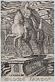 Plate 12: equestrian statue of Domitian, seen three-quarters to the left, with his stabbing death at right in the background, from 'Roman Emperors on Horseback', Adriaen Collaert Netherlandish, Engraving