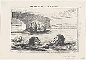In the middle of the river: Come on, Balochet, give it a push!... You mustn't forget that some forty Parisians are watching us from the bridge up there!, from 'The bathers,' published in Le Petit Journal pour Rire, July 30, 1864, Honoré Daumier  French, Lithograph on newsprint; third state of three (Deltiel)