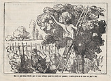 Working in the garden can be fun... but there are days when it is just too damn hot! / One rejoices in pure, unspoiled happiness when harvesting one's own apples... at least as long as one doesn't break one's neck, from "The joys of country life", Honoré Daumier (French, Marseilles 1808–1879 Valmondois), Lithograph on newsprint; second state of two (Delteil)