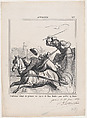 Prudhomme obliged to take lessons from Miss Menken in order to stop a cab, from 'News of the day,' published in Le Charivari, July 1, 1867, Honoré Daumier  French, Lithograph and pen and brown ink on newsprint; second state of two, proof (Delteil)