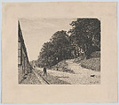 A street scene, with man sweeping at left and a wooded area at right, Adolph Larsen  Danish, Etching