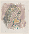 Elegy (Elegia), head of a girl with flowers, Ellen Thesleff  Finnish, Color woodcut