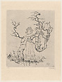 Birch in the Highlands (Birch im Hochland), with a woman in a cloak and hat standing behind a tree, Olaf Abrahamsen Willums  Norwegian, Etching