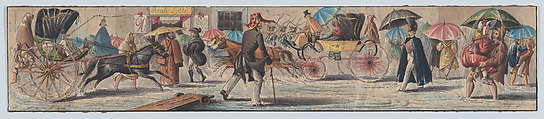 Reali Lotti, No. 16, Strada Toledo, Naples: people and carriages on the street walking through the rain, Karl Johan Lindström Swedish, Hand-colored etching