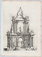 Triumphal arch with three crowns at top, a fountain in the distance, Carl Hårleman Swedish, Etching