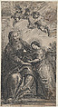 The education of the Virgin, with Saint Anne and the Virgin Mary reading with two putti overhead, Conraet Woumans Flemish, Etching and engraving; second state of three (Hollstein)