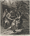Saint Mary Magdalene in ecstasy, supported by two angels, Pieter de Bailliu Flemish, Engraving; first state of two