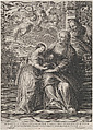The education of the Virgin, with Saint Anne and the Virgin Mary reading with two putti overhead and Saint Joachim behind them at right, Schelte Adams à Bolswert  Dutch, Etching and engraving; second state of five