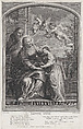 The education of the Virgin, with Saint Anne and the Virgin Mary reading with two putti overhead and Saint Joachim behind them at left, Michel Dossier  French, Engraving; reverse copy