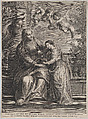 The education of the Virgin, with Saint Anne and the Virgin Mary reading with two putti overhead and Saint Joachim behind them at left, Anonymous, Etching and engraving; reverse copy