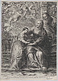 The education of the Virgin, with Saint Anne and the Virgin Mary reading with two putti overhead and Saint Joachim behind them at right, Schelte Adams à Bolswert  Dutch, Etching and engraving; second state of five