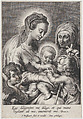 The Virgin and Christ child, with Saint John the Baptist showing them a bird at right, Saint Anne in the background at right, and a putto at lower left, Schelte Adams à Bolswert  Dutch, Engraving