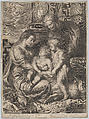 The Virgin and Child with Saint Elizabeth and Saint John the Baptist, Anonymous, Engraving; reverse copy