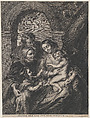 The Holy Family with Saint Elizabeth and the infant Saint John the Baptist, holding a bird on a string, Anonymous, Engraving; reverse copy