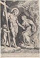 The Intercession of the Virgin, kneeling on a cloud at right before Christ, standing at left holding the cross, Egbert Van Panderen Flemish, Engraving