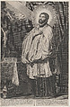 Saint Francis Xavier with a divine light emanating towards him from the upper left, with a crucifix, mitre, and book on a table at left, Anonymous, Engraving; copy