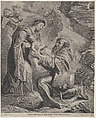 The Vision of Saint Francis, kneeling at right, receiving the Christ child from the Virgin Mary, Cornelis Visscher Dutch, Etching and engraving; second state of four (Hollstein)