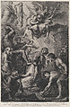 The Martyrdrom of Saint Stephen, kneeling at center while persecutors throw stones at him, three angels holding a laurel wreath overhead, and Christ and God the Father in the clouds at upper left, Phillip Joseph Tassaert  Flemish, Engraving