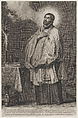 Saint Francis Xavier with a divine light emanating towards him from the upper left, with a crucifix, mitre, and book on a table at left, Schelte Adams à Bolswert  Dutch, Engraving