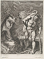 Saint Christopher carrying the Christ child across a stream, another man holding a lantern at left on the riverbank, Rombout Eynhoudts  Dutch, Etching; third state of three (Dutuit)