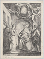 Saint Gregory surrounded by other saints, in front of an archway with putti holding garlands overhead, Jacob de Wit Dutch, Etching; second state of two