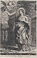 Saint Barbara holding palm leaves with a sword and flowers at her feet, two putti overhead holding a laurel, Schelte Adams à Bolswert  Dutch, Etching and engraving; first state of two