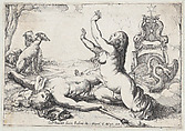 Venus mourning Adonis, who lies on the ground at left with his dogs behind him, Willem Panneels  Flemish, Etching