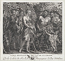 Diana returning from the chase, accompanied by dogs and her nymphs at left, two satyrs at right, Robert de Launay  French, Engraving