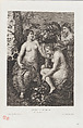 Allegory of abundance: Ceres holding a cornucopia at left and Pomona at right feeding fruit to a monkey, from "Gazette des Beaux-Arts", Charles Louis Kratké  French, Etching